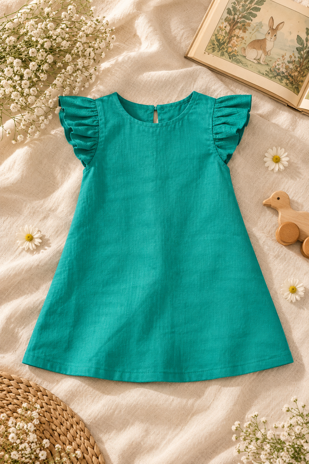 Teal Ruffle Sleeve Cotton Dress