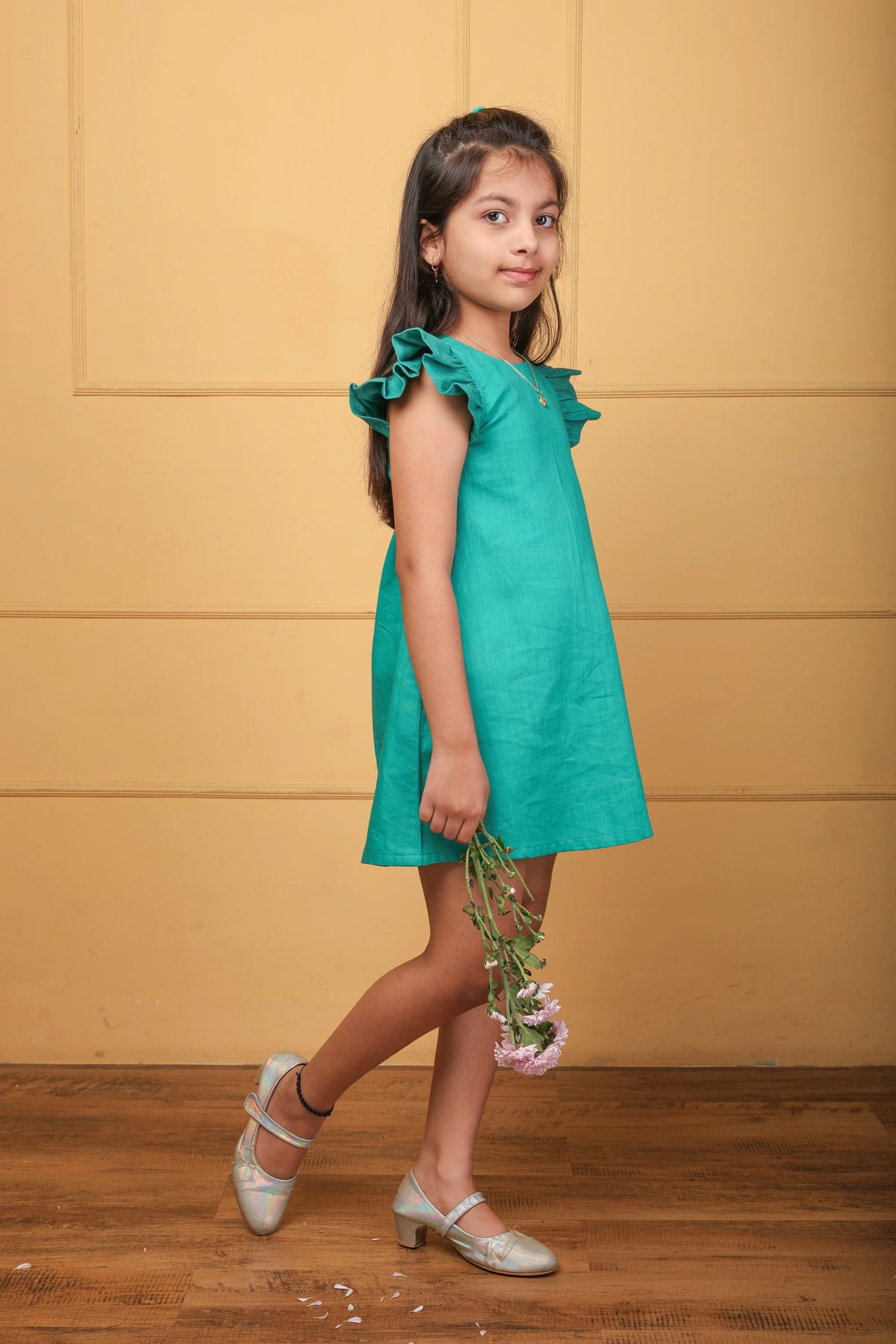 Teal Ruffle Sleeve Cotton Dress
