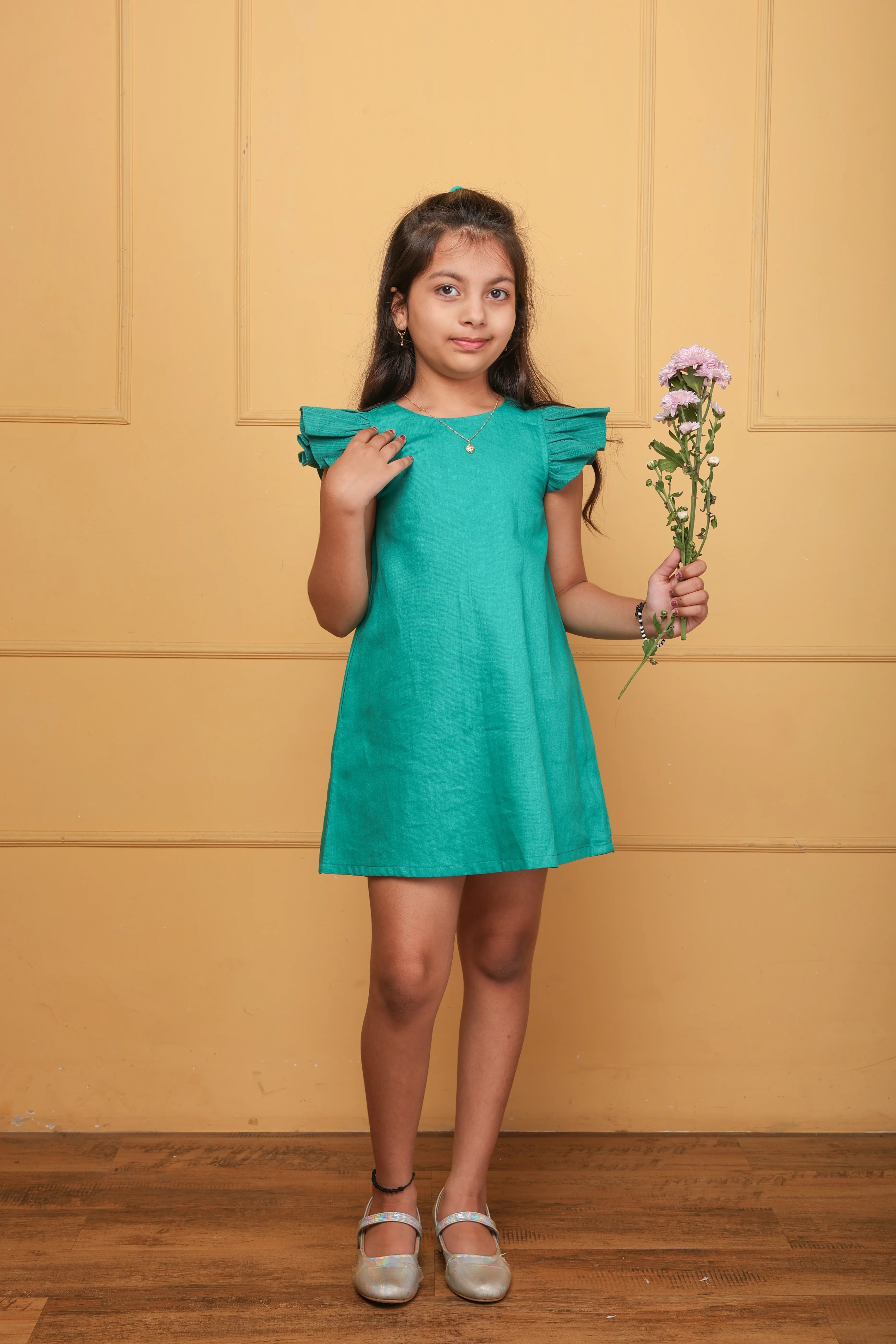 Green Ruffle Sleeve Cotton Dress