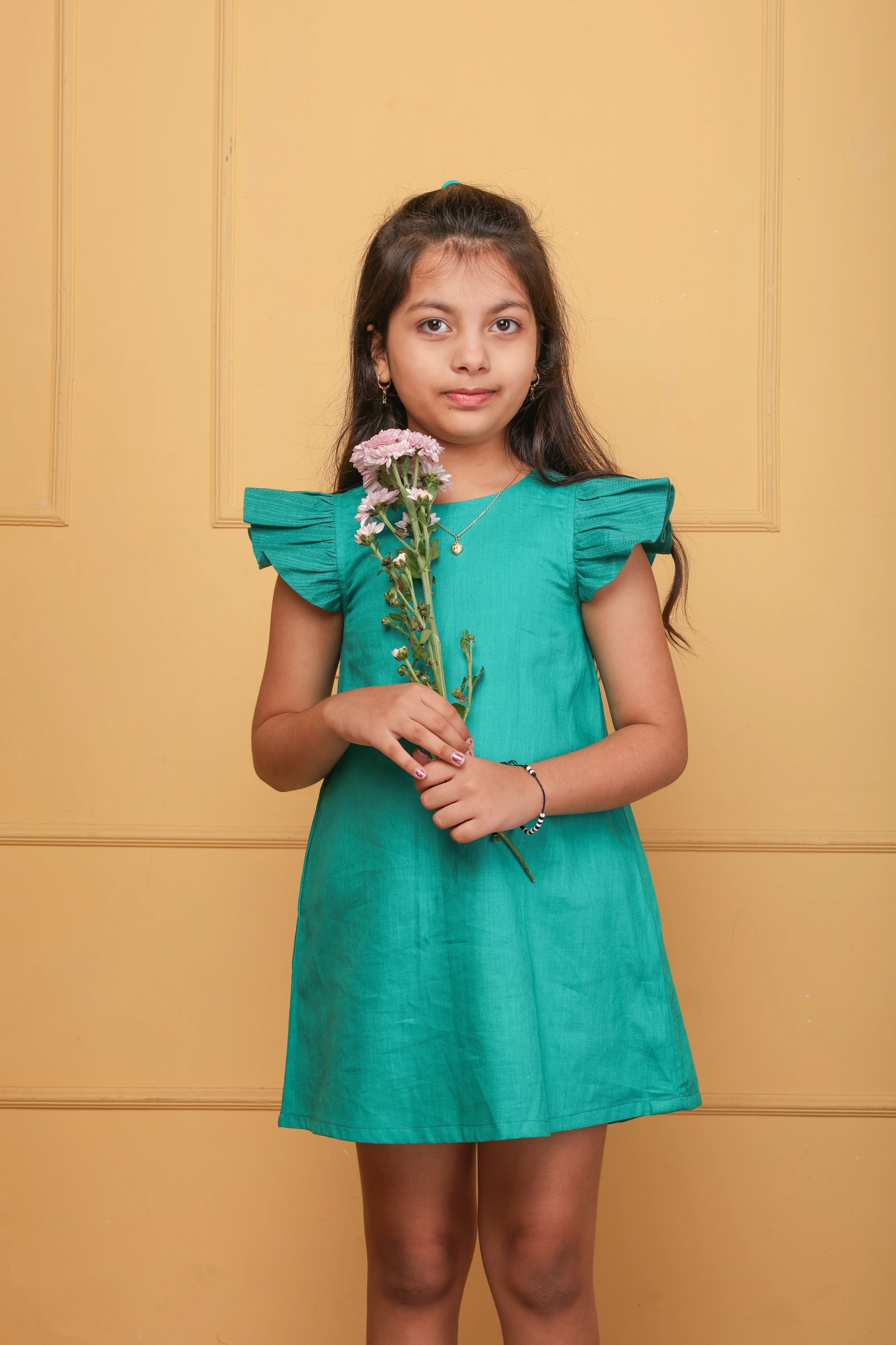 Green Ruffle Sleeve Cotton Dress