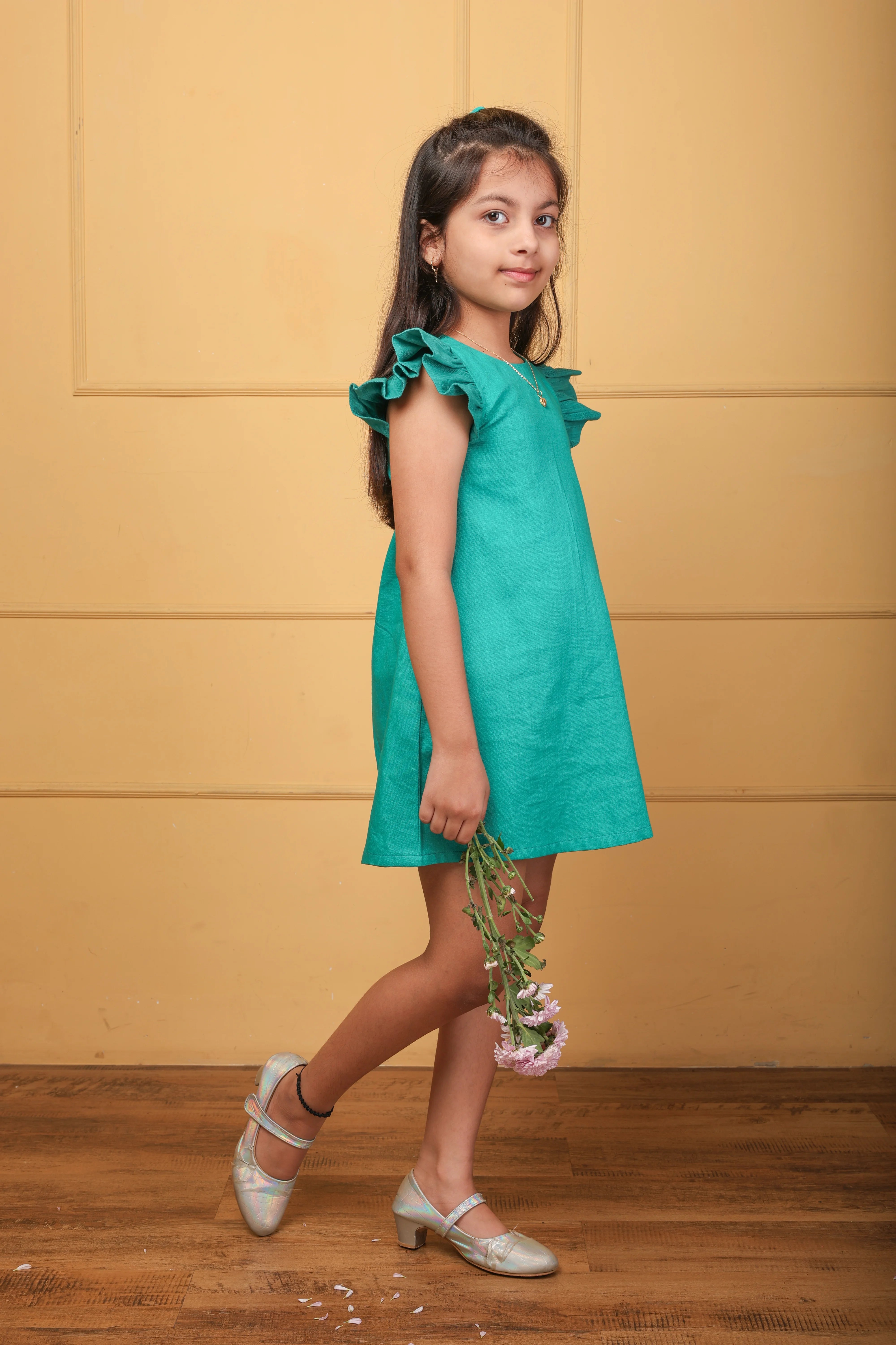 Green Ruffle Sleeve Cotton Dress
